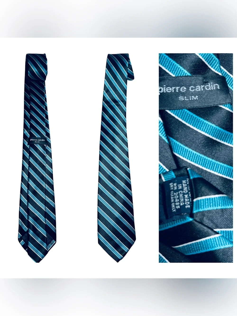 Pierre Cardin slim necktie featuring a contemporary striped design.